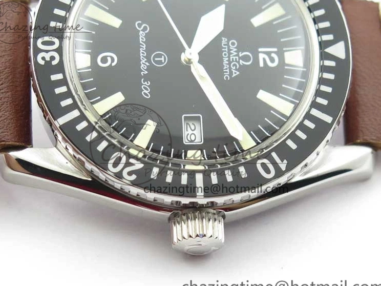0115 Vintage Seamaster 300 Date T SS B12 Black Dial On Brown Leather Strap A2836 (Free Nylon Strap) WeatherProof 7911